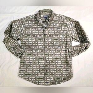 men's woolrich khaki fish print long sleeve shirt size large